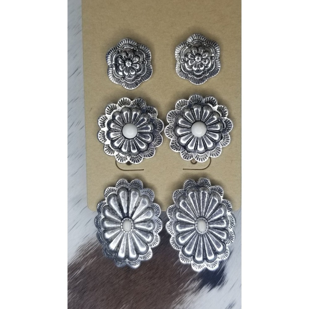 WESTERN CONCHO WHITE STONE EARRINGS 3 PAIR SET